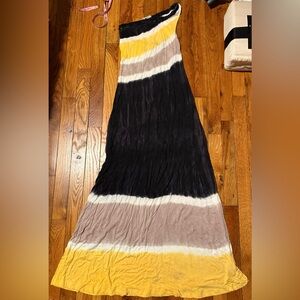 Red Haute Strapless Maxi Dress Small S Black Yellow Taupe Tie Dye Stretch